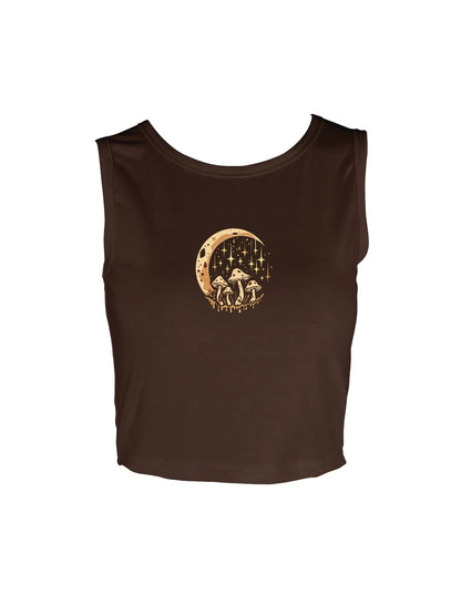 Enchanting Mushroom And Crescent Moon Graphic Print Crop Tank Top, Sleeveless Casual Top For Summer & Spring, Women's Clothing
