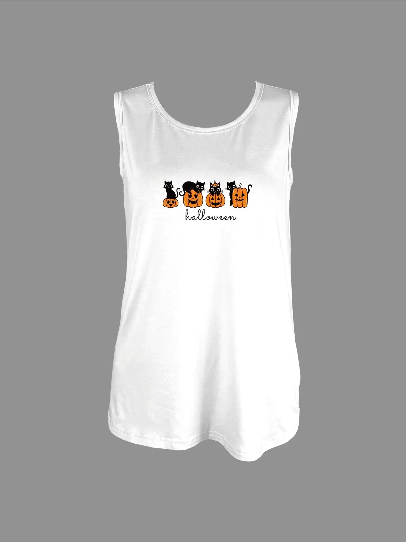 Halloween With Black Cats And Pumpkins Print Tank Top Sleeveless Casual Top For Summer & Spring Women's Clothing