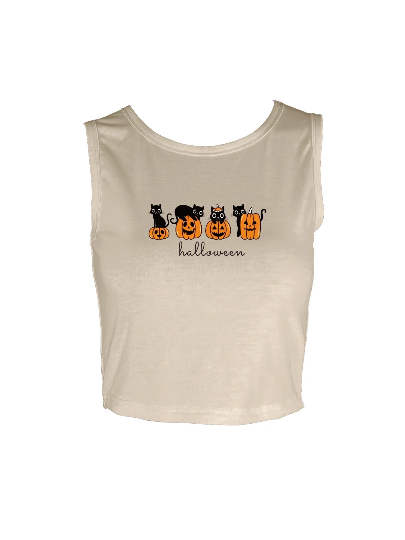 Halloween With Black Cats And Pumpkins Print Crop Tank Top, Sleeveless Casual Top For Summer & Spring, Women's Clothing