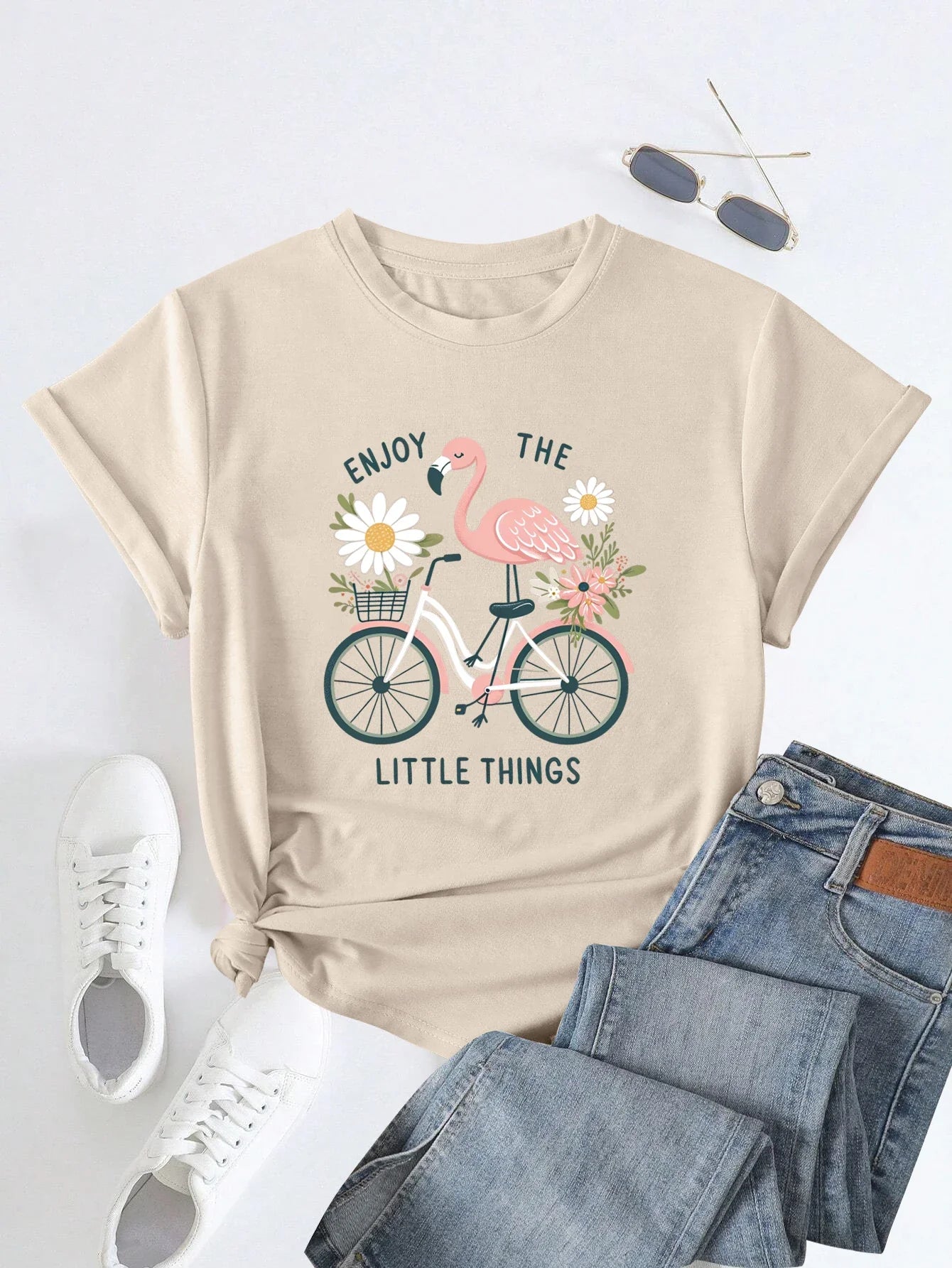 Flamingo and Bicycle Print T-shirt for Women, Crew Neck, Casual Top, Short Sleeve, Summer and Spring, Women's Clothing
