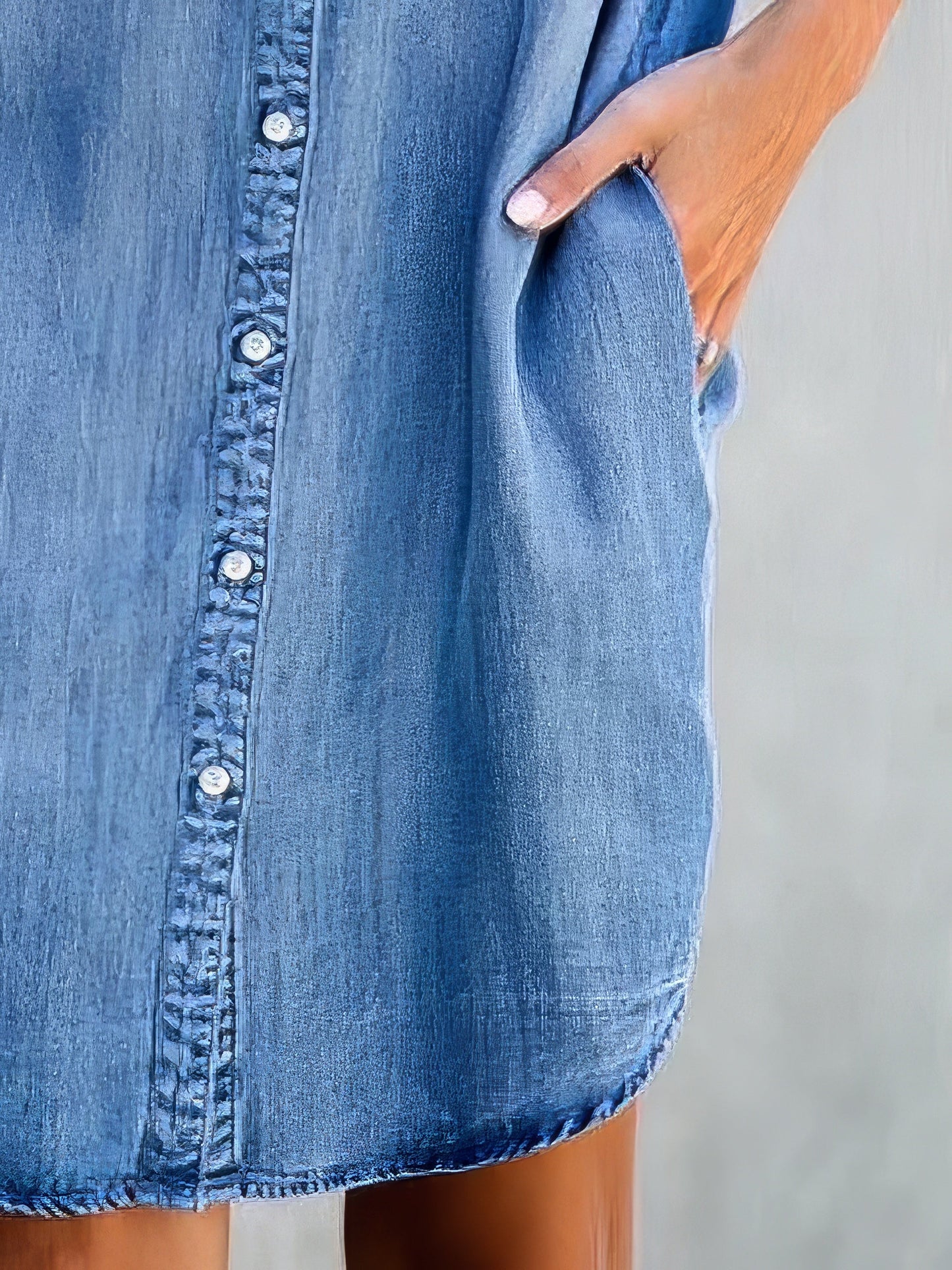 Midi Dresses - Button Short Sleeve Denim Shirt Dress - MsDressly