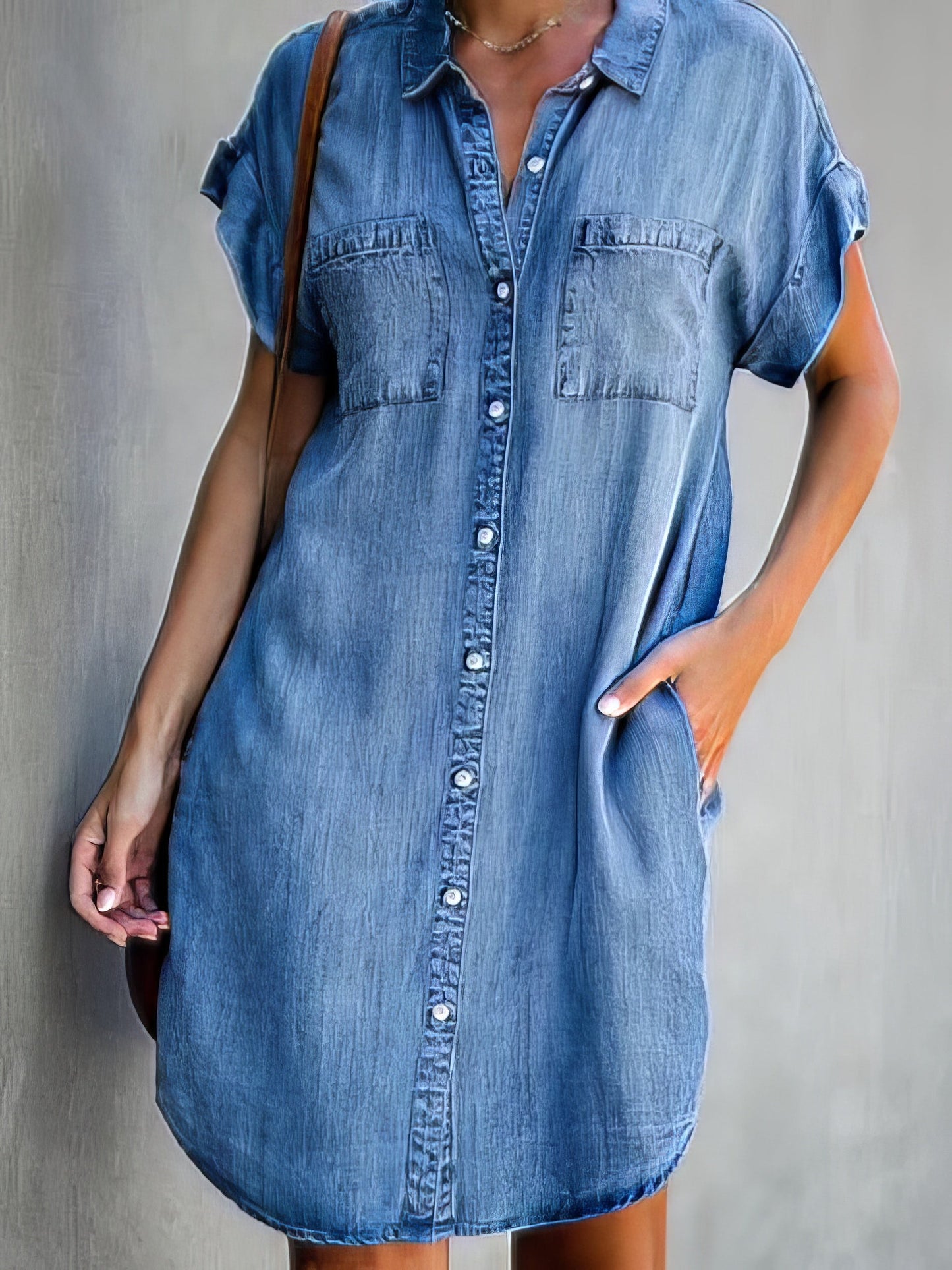 Midi Dresses - Button Short Sleeve Denim Shirt Dress - MsDressly