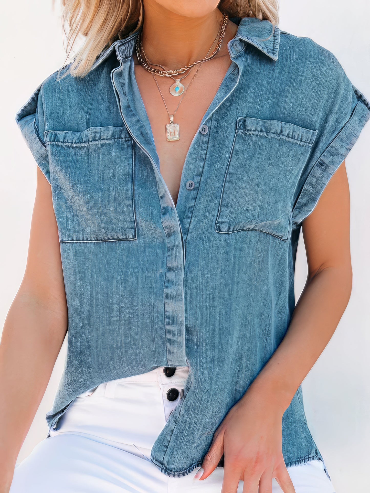 Blouses - Casual Short-sleeved Solid Denim Shirt - MsDressly
