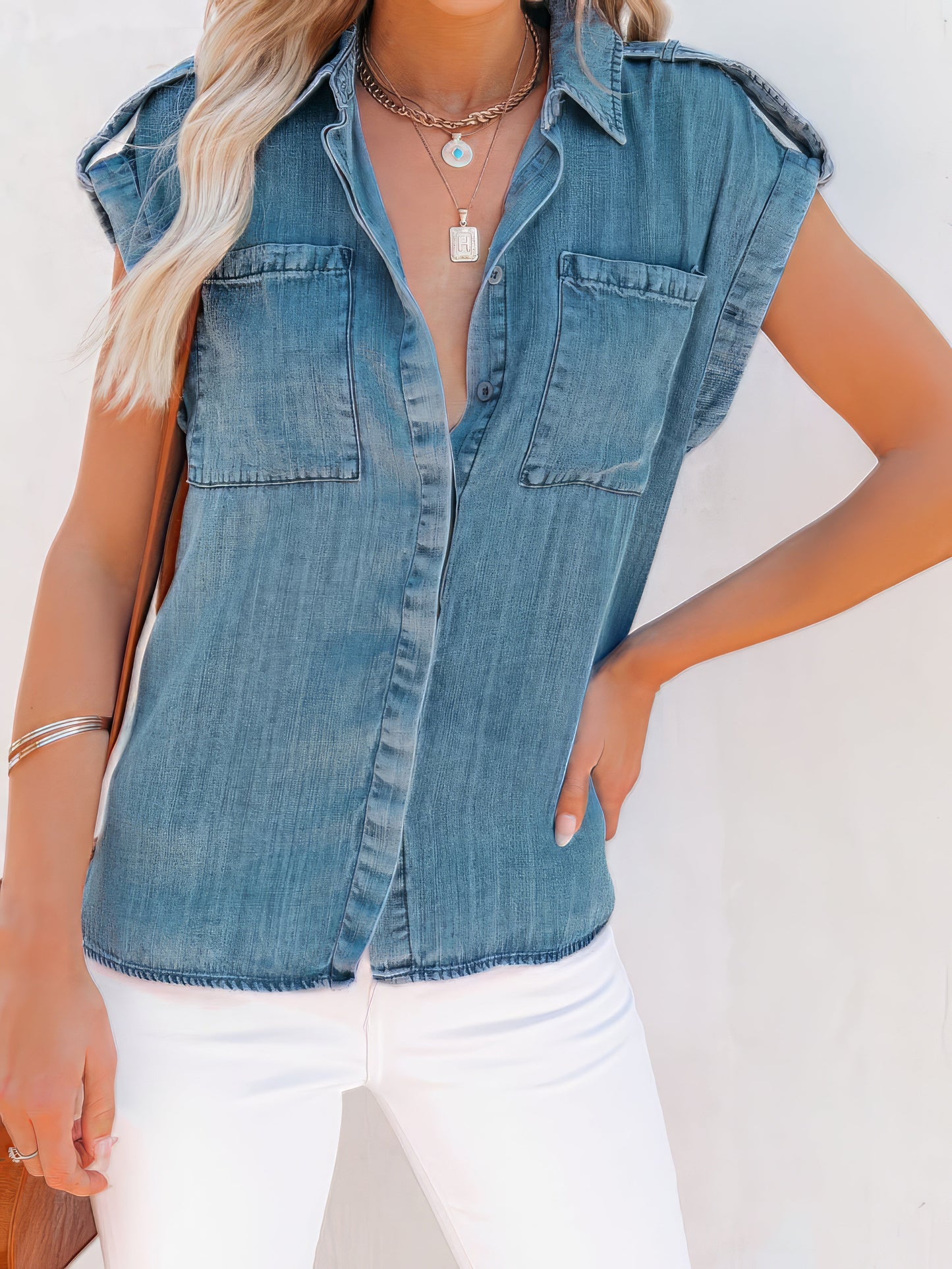Blouses - Casual Short-sleeved Solid Denim Shirt - MsDressly
