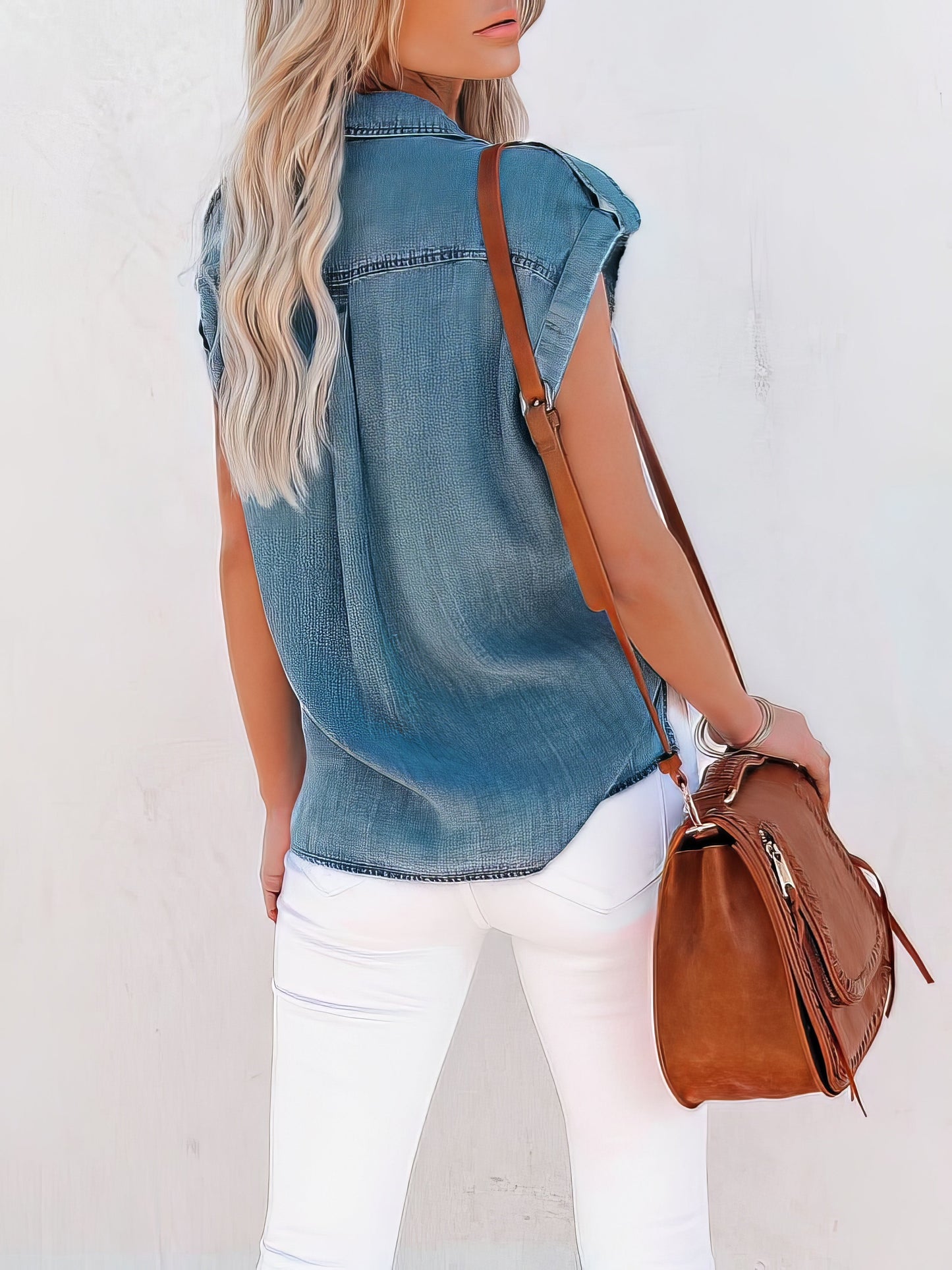 Blouses - Casual Short-sleeved Solid Denim Shirt - MsDressly