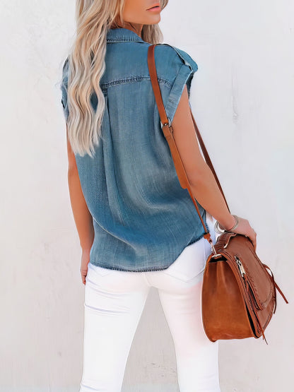 Blouses - Casual Short-sleeved Solid Denim Shirt - MsDressly