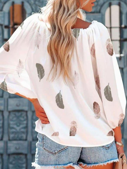 Casual Feather Print Off Shoulder Strap Blouse
