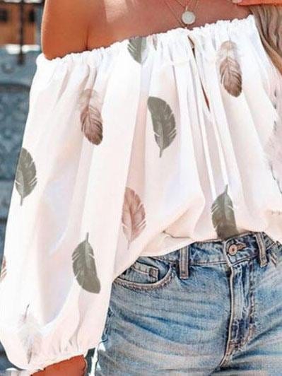 Casual Feather Print Off Shoulder Strap Blouse