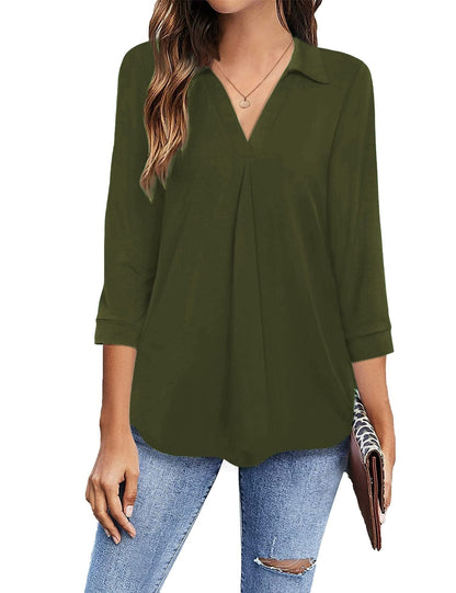 Collared V Neck Casual Loose Blouse