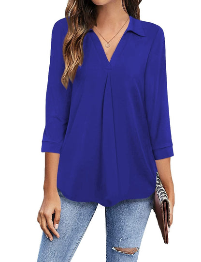 Collared V Neck Casual Loose Blouse