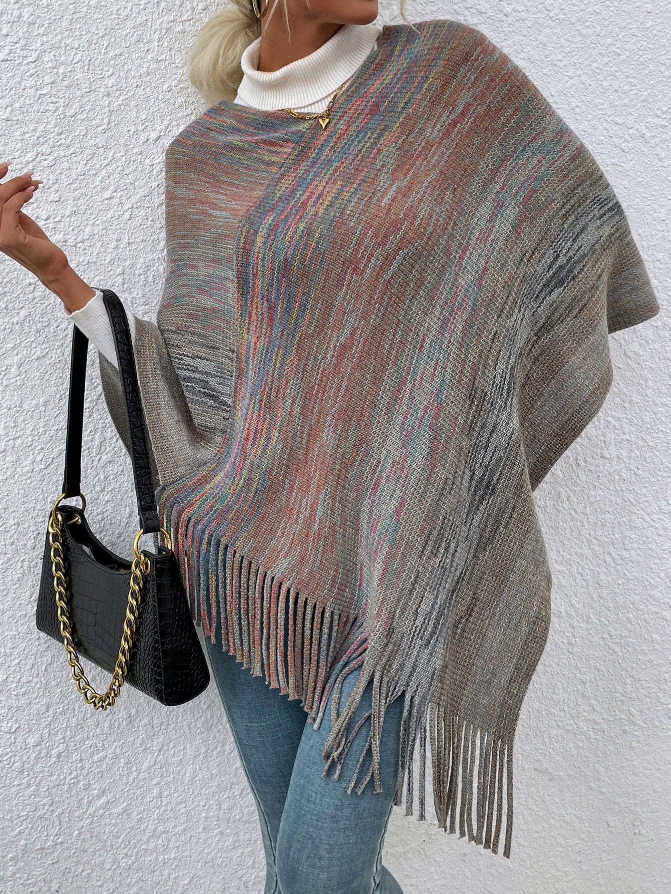 Cozy Gray Fringe Shawl Sweater for Casual Charm