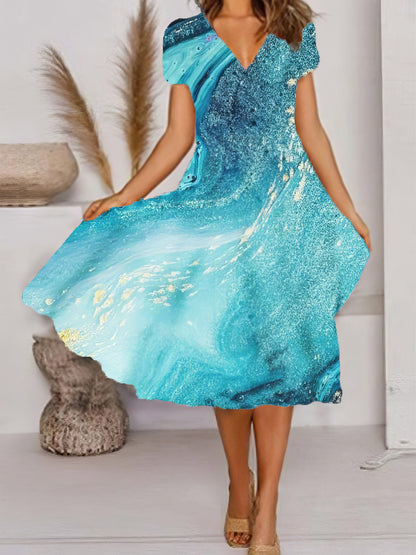 Dreamy V-Neck Art Print Dress with Short Sleeves