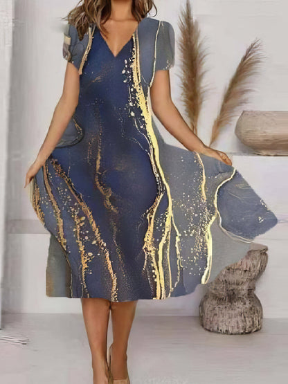 Dreamy V-Neck Art Print Dress with Short Sleeves