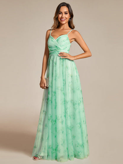 Tulle Floral Printed Spaghetti Strap Evening Dress with V-Neck