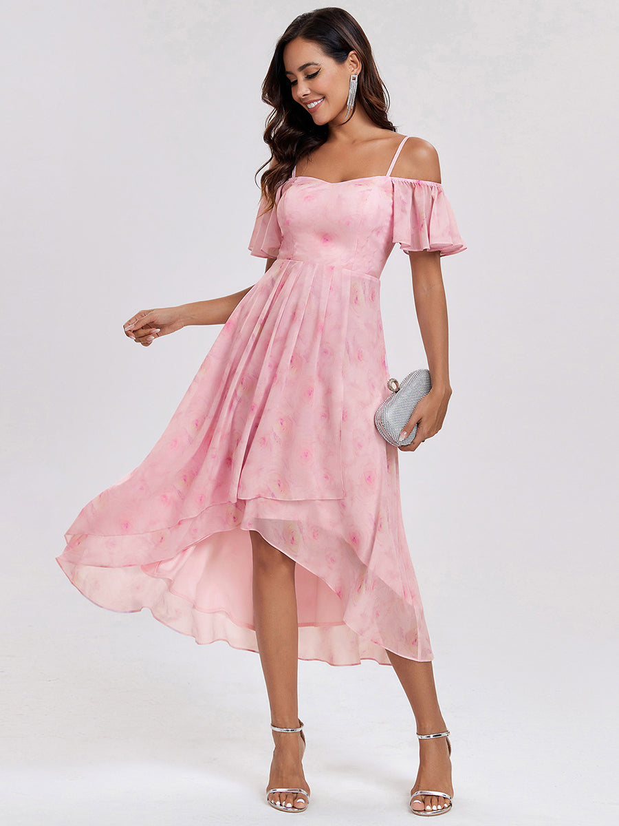 Chiffon Spaghetti Strap Cold Shoulder Tea Length Wedding Guest Dress