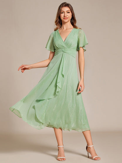 Shimmer V Neck Tea Length Wedding Guest Dress With Short Sleeves