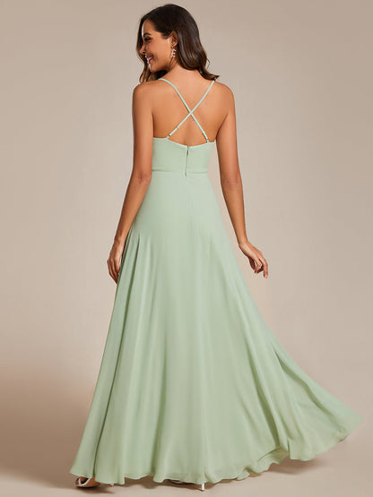 Spaghetti Straps Draped Collar Floor Length Bridesmaid Dress