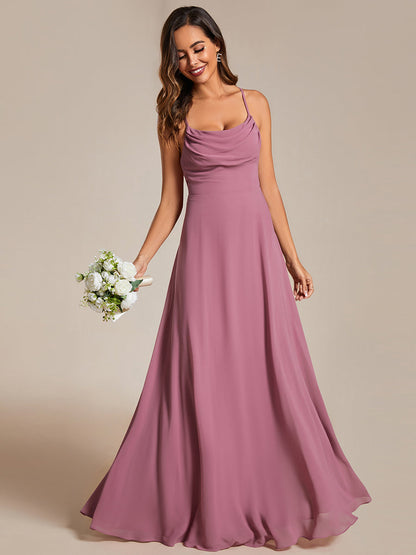 Spaghetti Straps Draped Collar Floor Length Bridesmaid Dress
