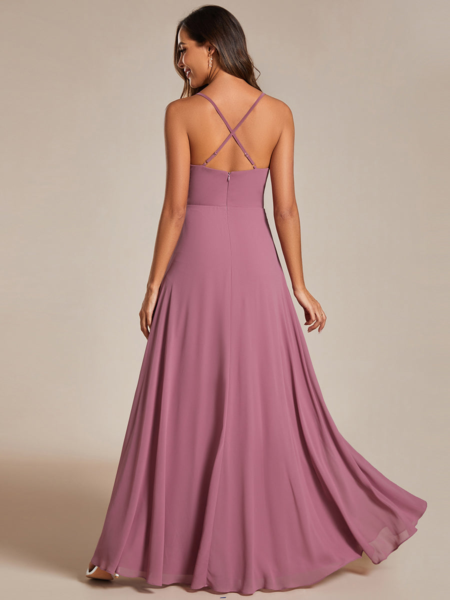 Spaghetti Straps Draped Collar Floor Length Bridesmaid Dress