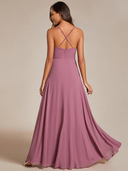 Spaghetti Straps Draped Collar Floor Length Bridesmaid Dress
