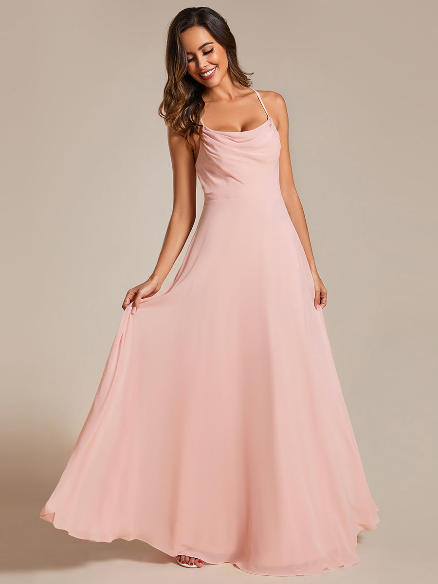 Spaghetti Straps Draped Collar Floor Length Bridesmaid Dress