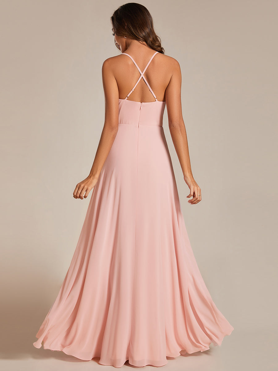 Spaghetti Straps Draped Collar Floor Length Bridesmaid Dress
