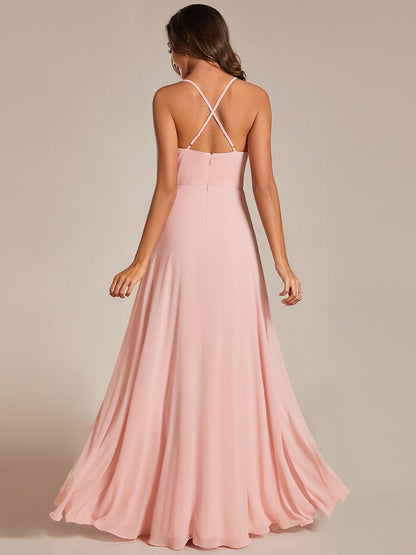 Spaghetti Straps Draped Collar Floor Length Bridesmaid Dress