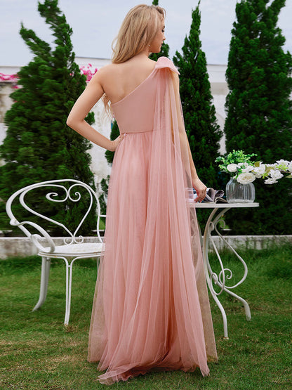 Elegant Asymmetric Shoulder Streamer Pleated decoration Tulle Dresses with Bowknot