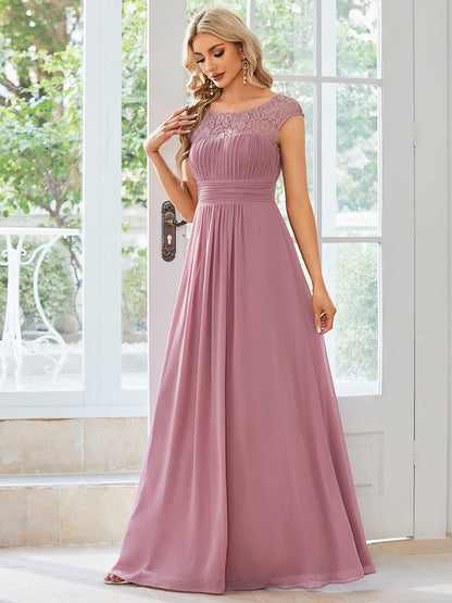 Elegant Lace & Chiffon Cap Sleeve Evening Dress