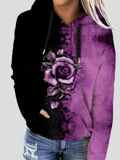 Elegant Rose Print Dual-Tone Hoodie with Long Sleeves
