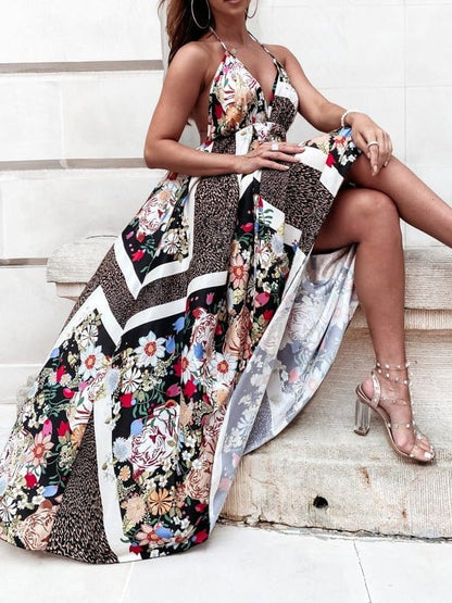 Elegant Vintage Print Swing Dress with V-Neck Sling