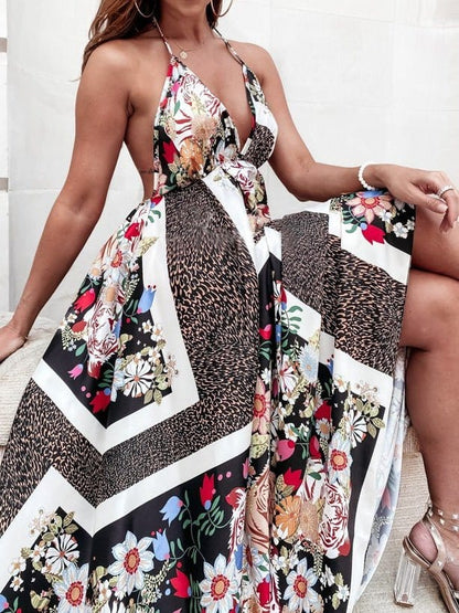 Elegant Vintage Print Swing Dress with V-Neck Sling