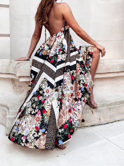 Elegant Vintage Print Swing Dress with V-Neck Sling