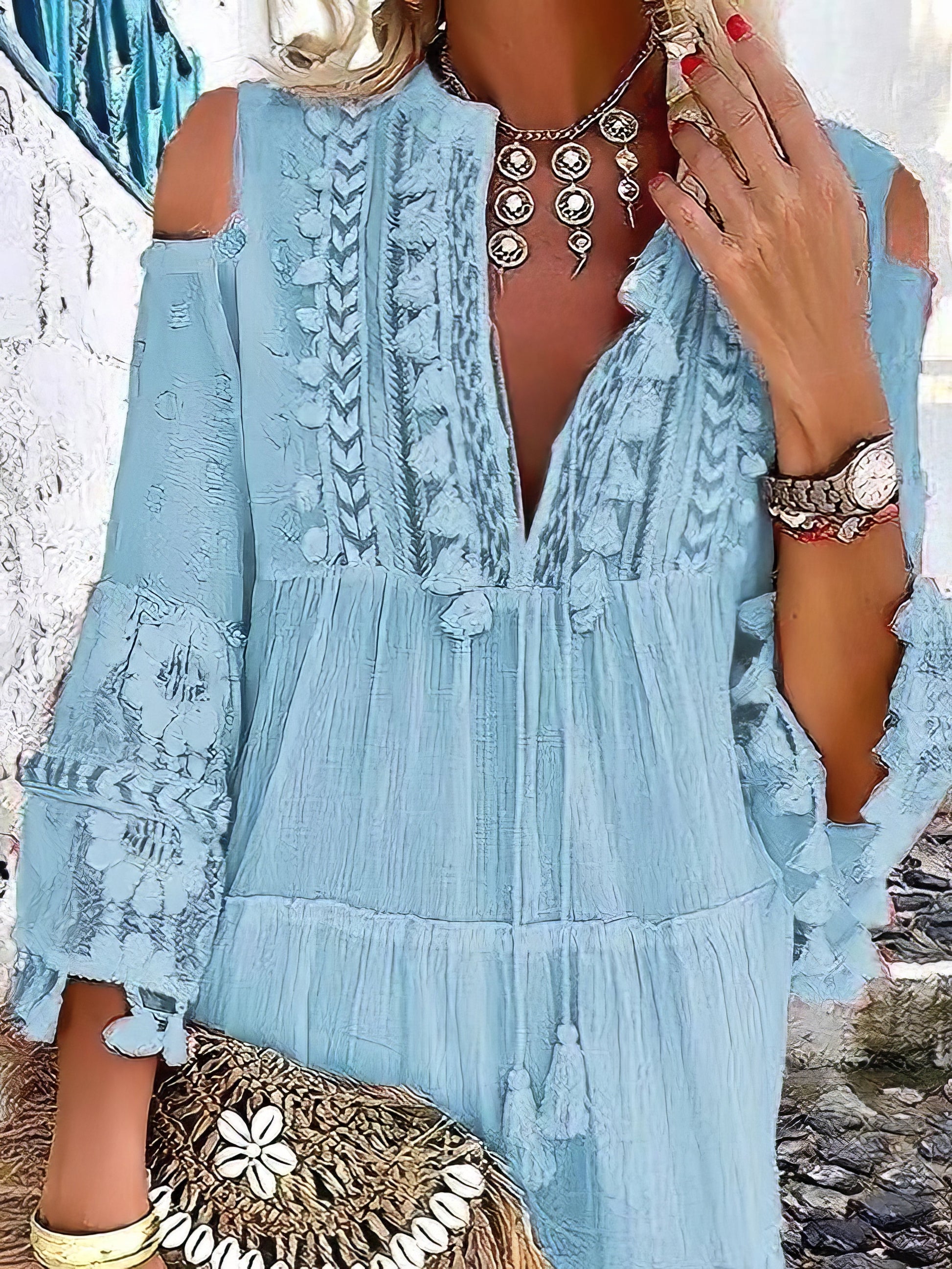 Mini Dresses - Fashion V-neck Lace Fringed Mini Dress - MsDressly