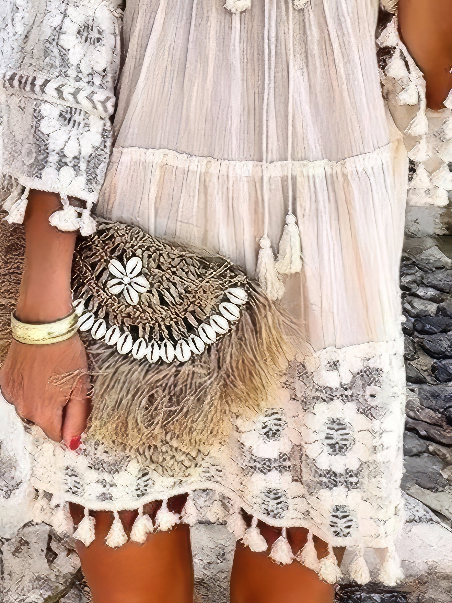 Mini Dresses - Fashion V-neck Lace Fringed Mini Dress - MsDressly