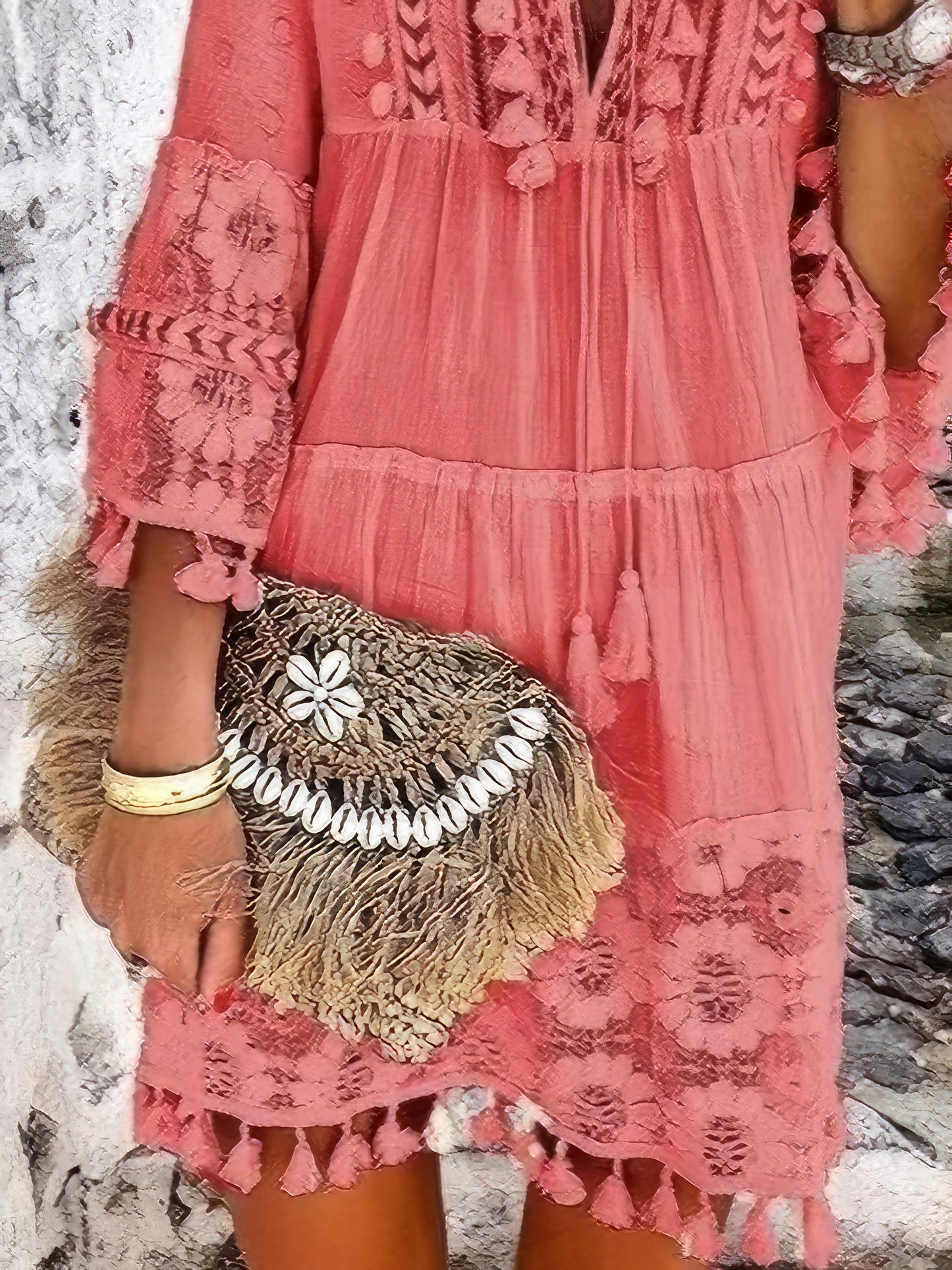 Mini Dresses - Fashion V-neck Lace Fringed Mini Dress - MsDressly