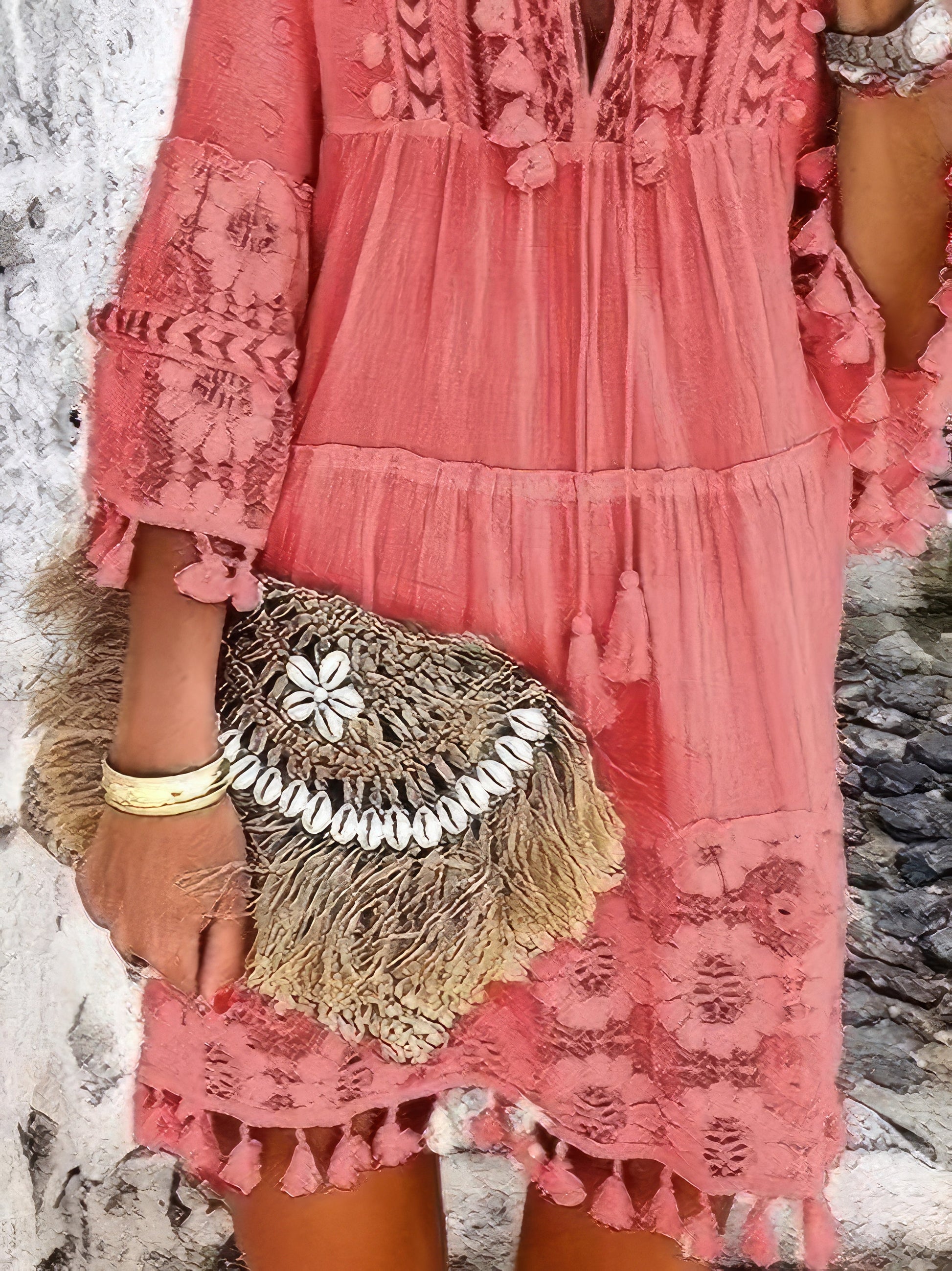 Mini Dresses - Fashion V-neck Lace Fringed Mini Dress - MsDressly