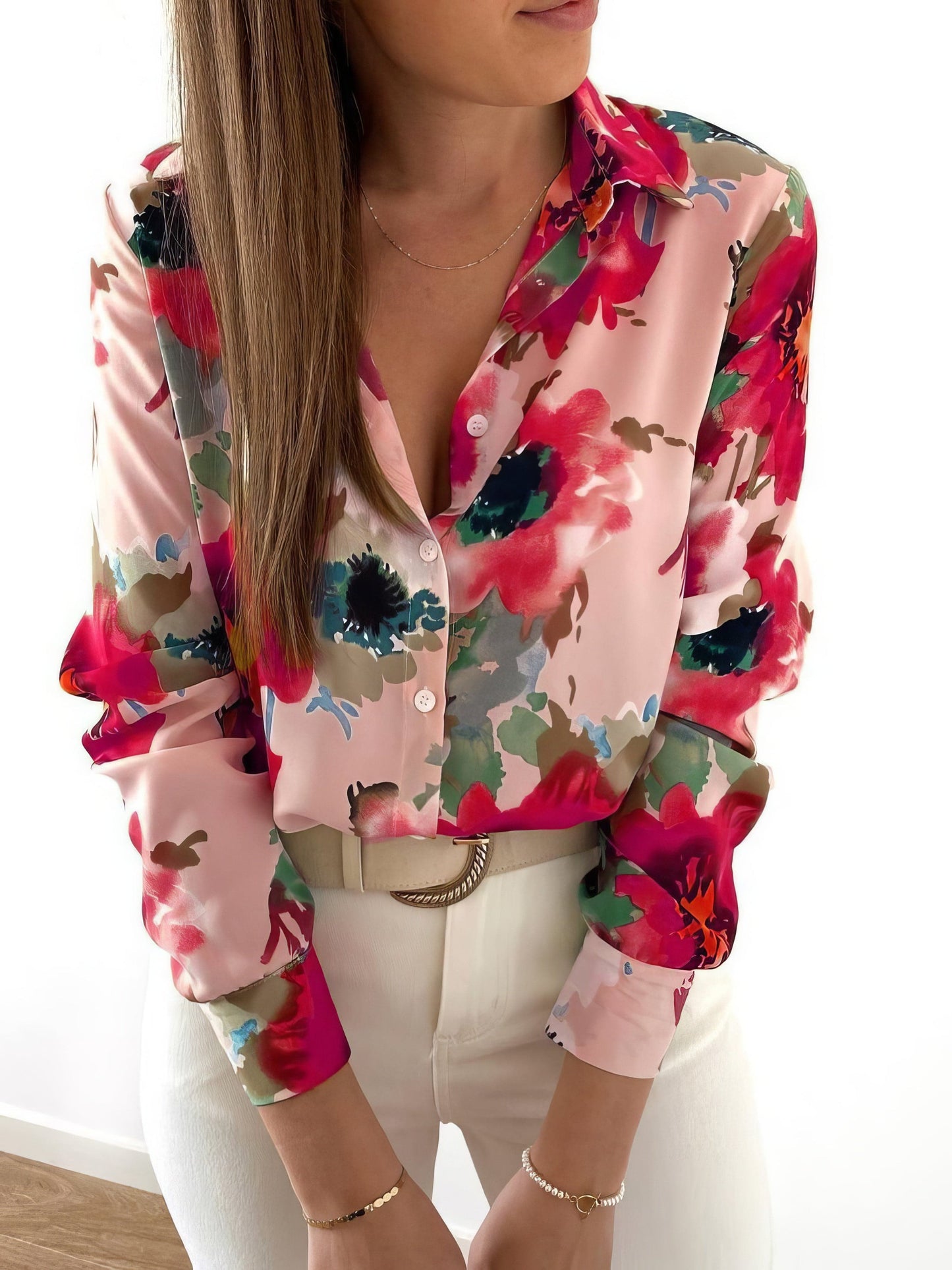 Ink Blossom Lapel Long Sleeve Blouse