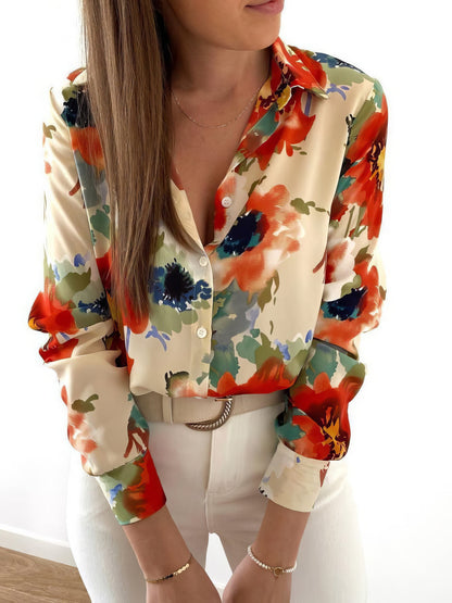 Ink Blossom Lapel Long Sleeve Blouse