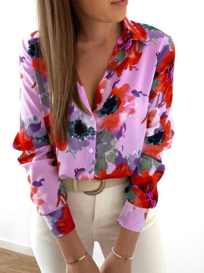 Ink Blossom Lapel Long Sleeve Blouse