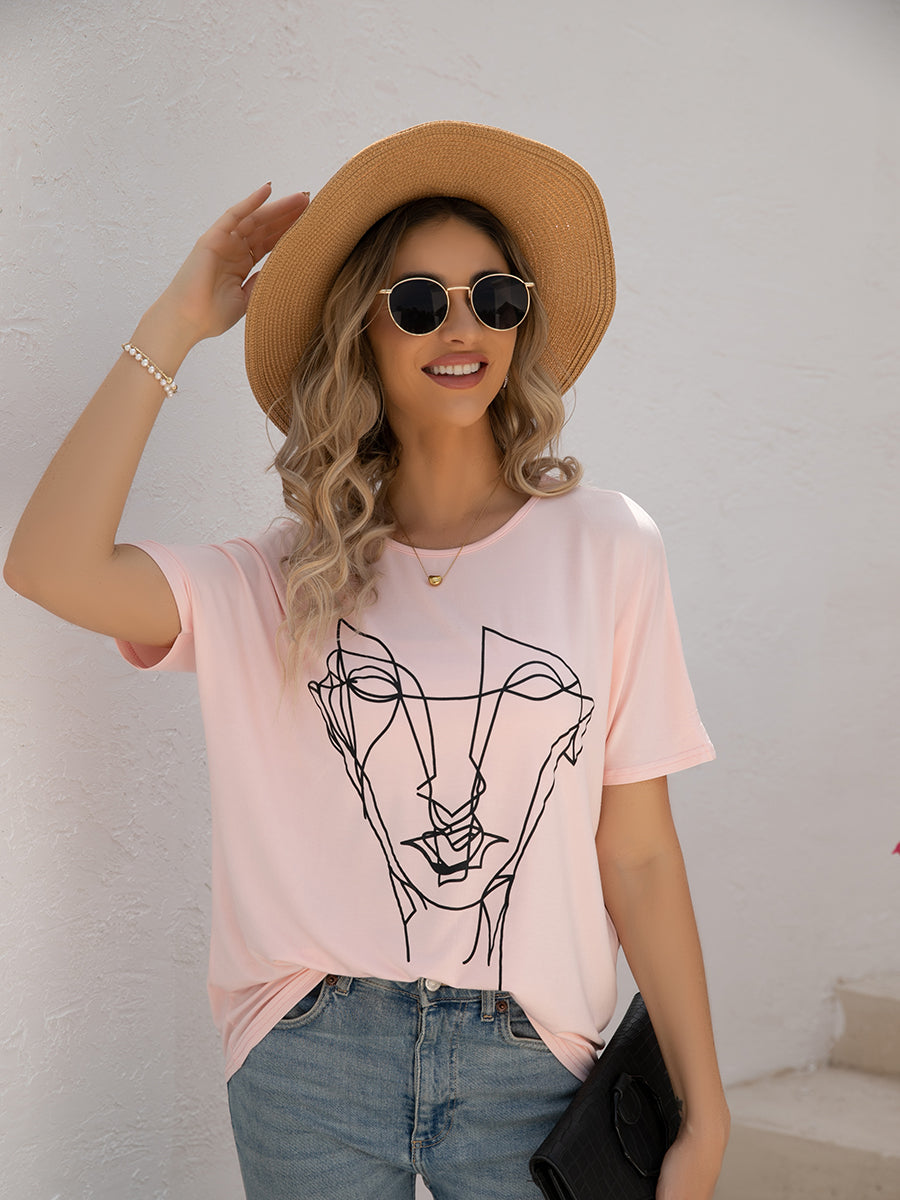 T-Shirts - Loose Printed Dolman Sleeve T-Shirt - MsDressly