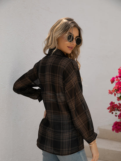 Blouses - Plaid Hong Kong Style Long Sleeve Blouse - MsDressly