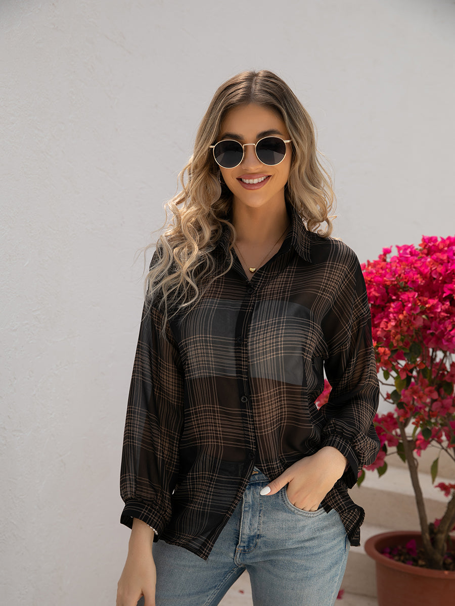 Blouses - Plaid Hong Kong Style Long Sleeve Blouse - MsDressly
