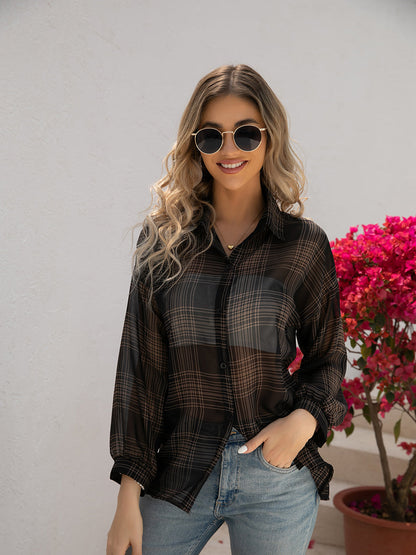 Blouses - Plaid Hong Kong Style Long Sleeve Blouse - MsDressly