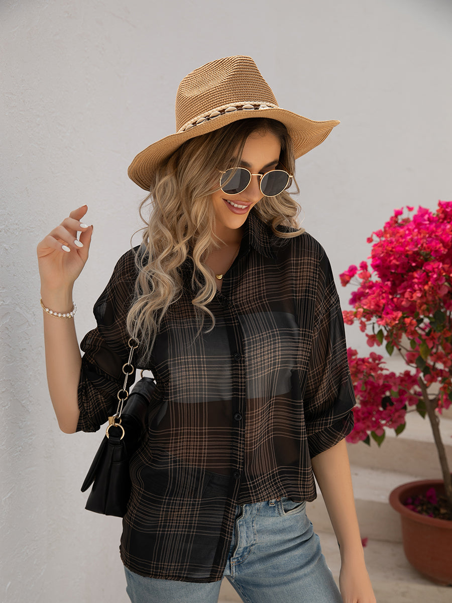 Blouses - Plaid Hong Kong Style Long Sleeve Blouse - MsDressly