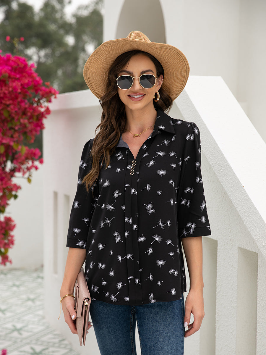 T-Shirts - Button Floral Loose Sleeve T-Shirt - MsDressly