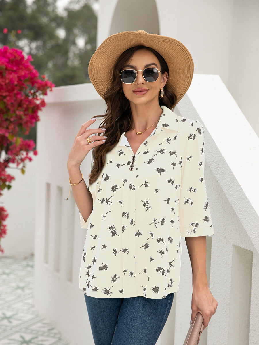 T-Shirts - Button Floral Loose Sleeve T-Shirt - MsDressly