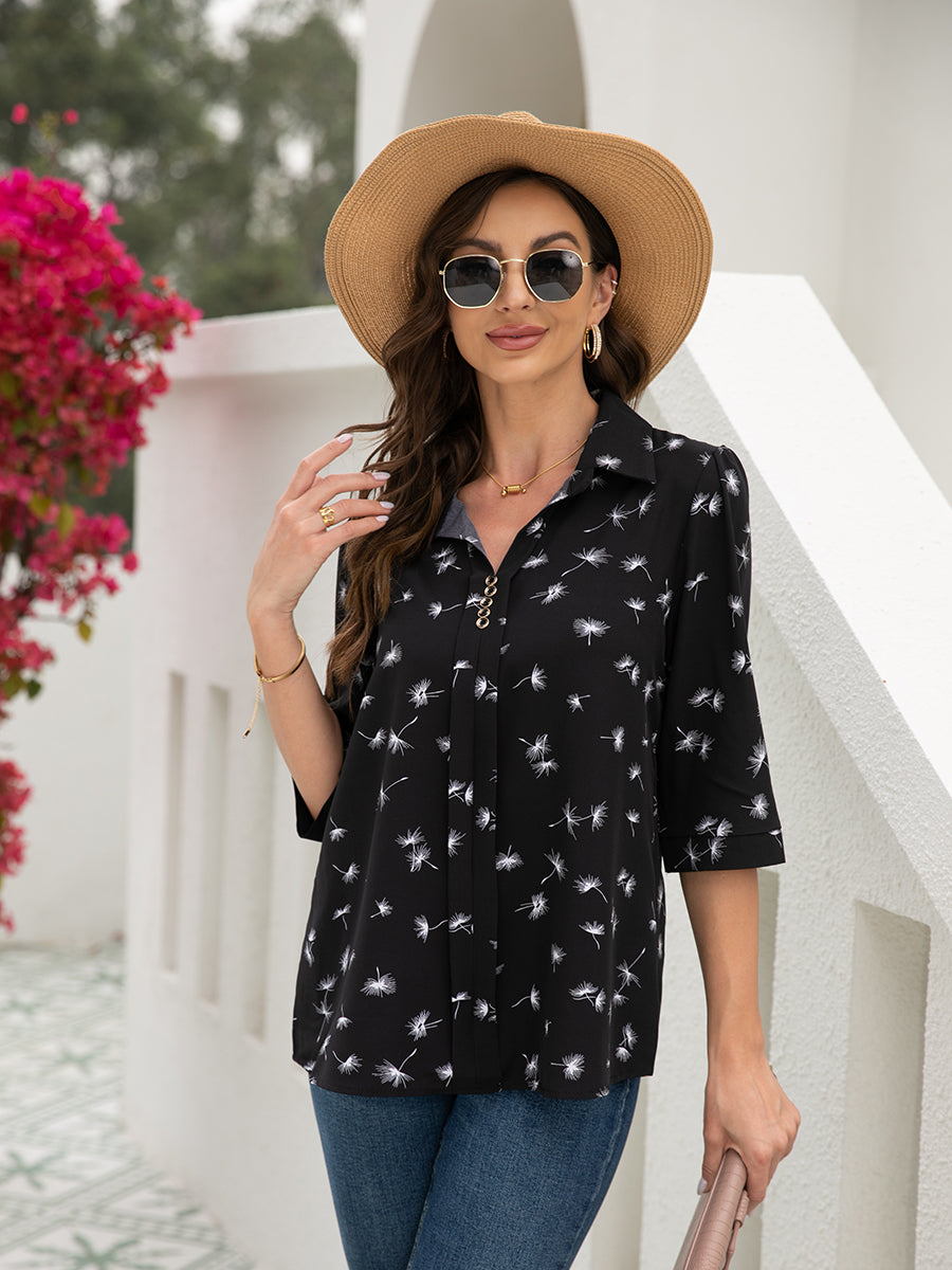 T-Shirts - Button Floral Loose Sleeve T-Shirt - MsDressly