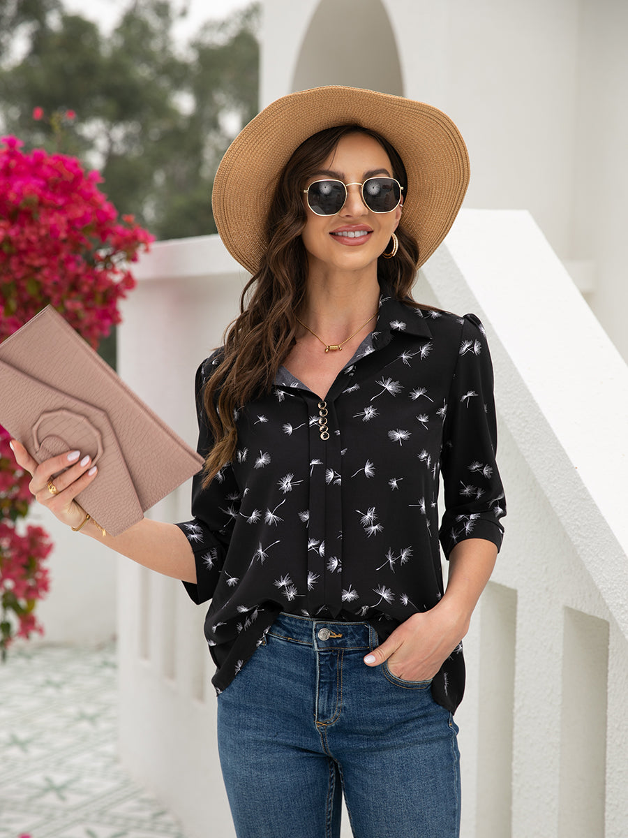 T-Shirts - Button Floral Loose Sleeve T-Shirt - MsDressly