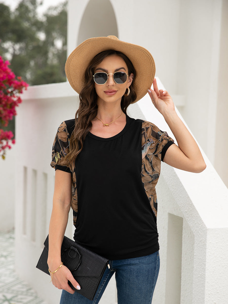 Size Curve T-Shirts Batwing Sleeve Round Neck Printed Stitching T-Shirt